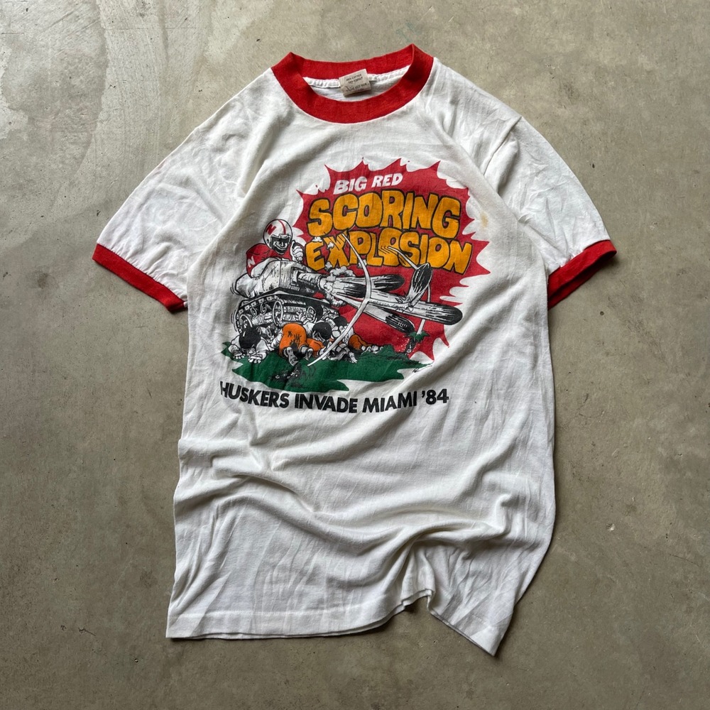 Vintage 1984 Nebraska Huskers Scoring Explosion Ringer T-Shirt Mens M White